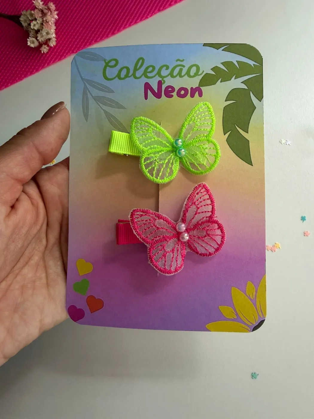Parzinho Hairclip Borboleta Verde e Rosa Neon