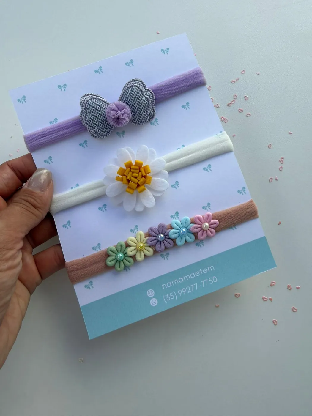 Trio de Faixinhas de Bebê Lilás Branca e Marrom com Flores