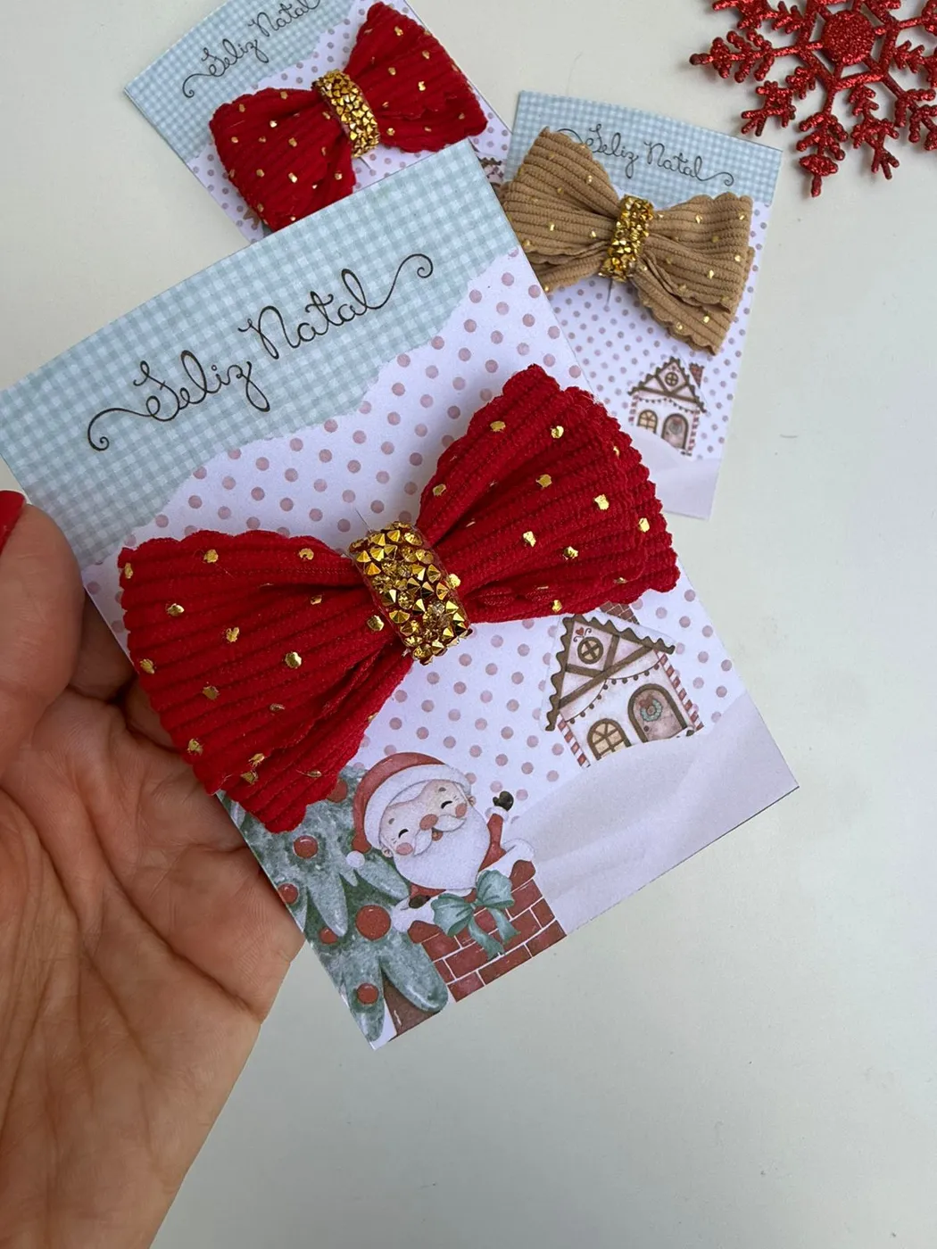 Parzinho Laço Vermelho com Strass Dourado Natal
