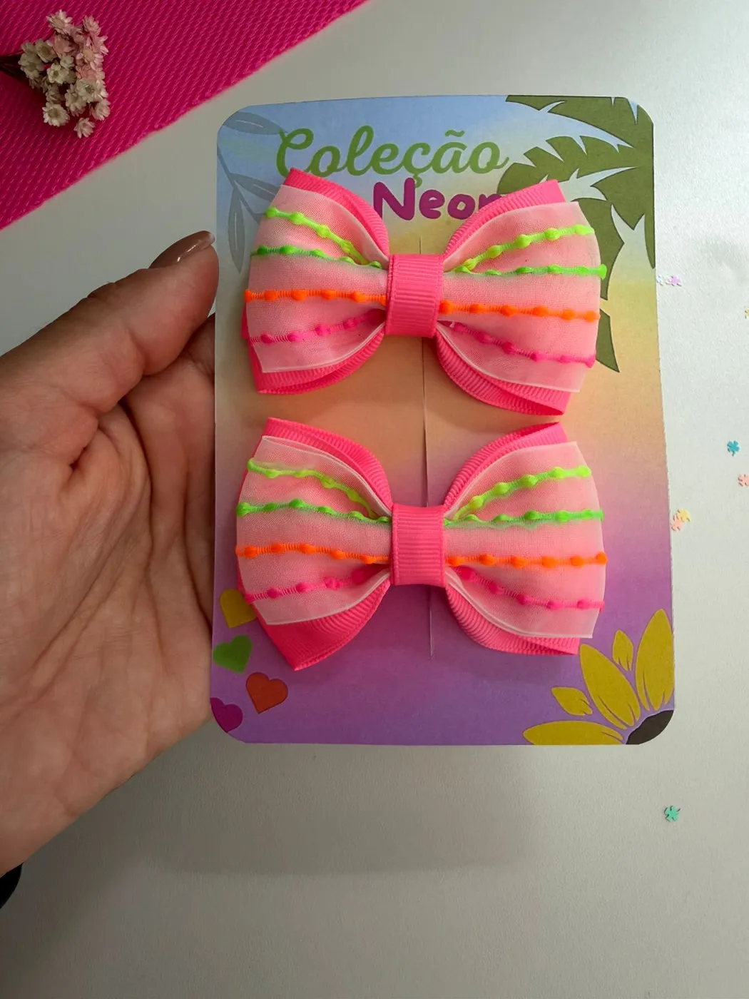 Parzinho Laço Rosa Chiclete Listrado