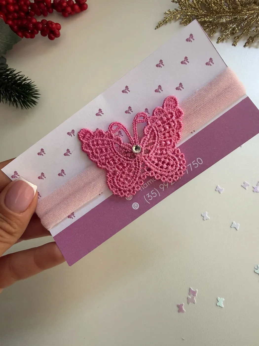 Faixinha de Borboleta Renda Rosa