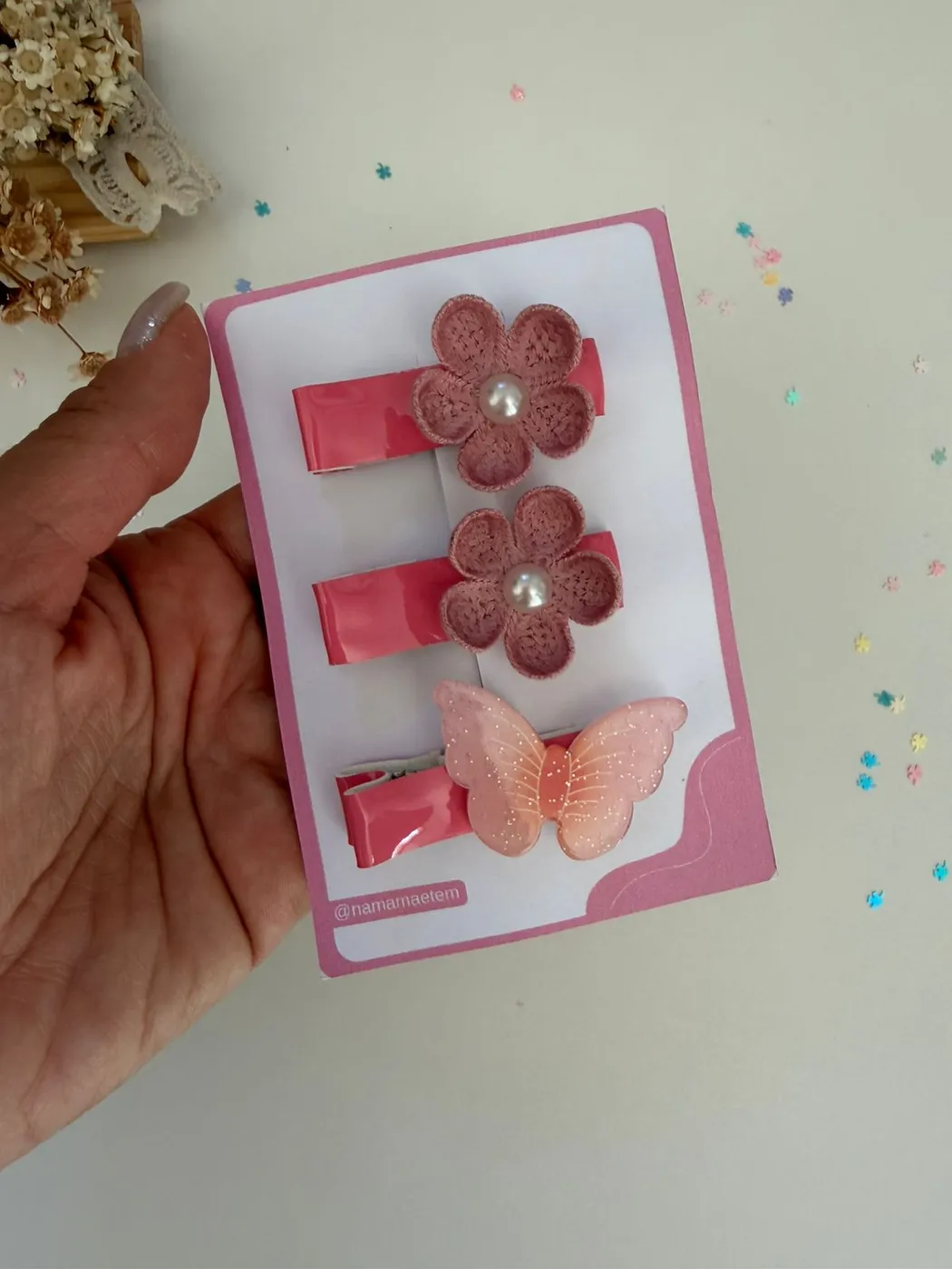 Kit Hairclips Flor Rosa e Borboleta