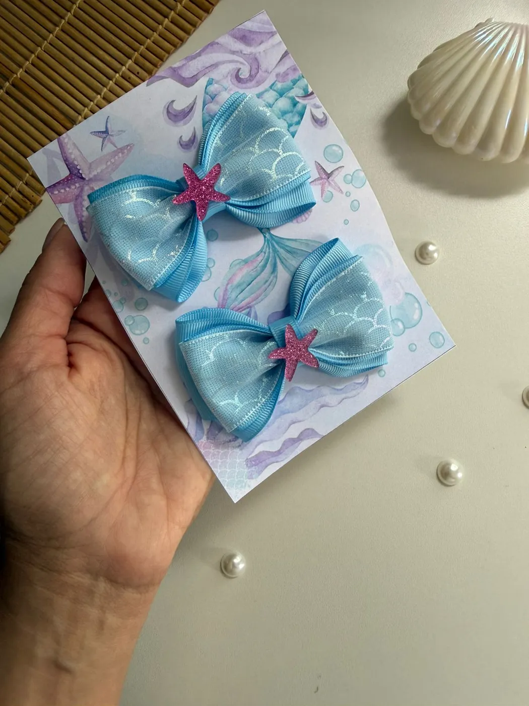 Parzinho Laço Sereia Azul com Estrelinha