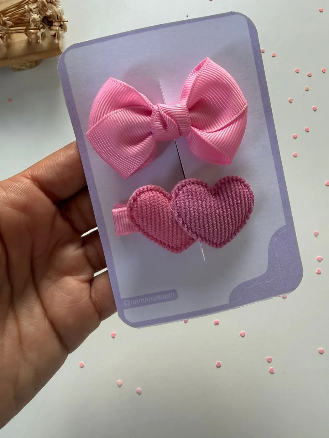 Kit Laço Rosa e Hairclip Coração Rosa
