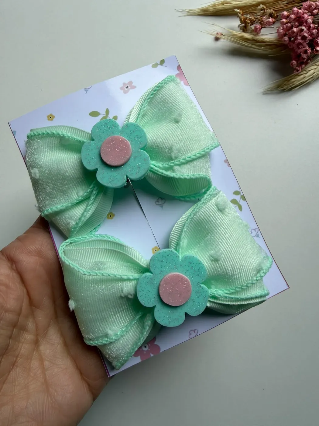 Parzinho Laço Flor Verde Menta