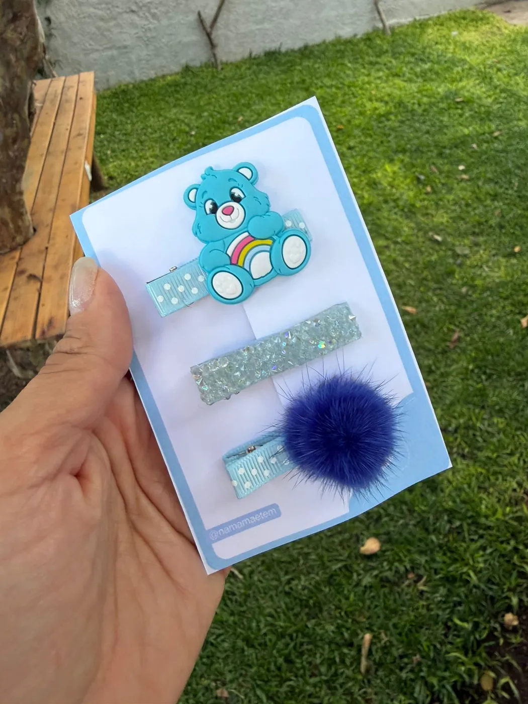 Kit Baby Clips Ursinho Carinhoso Azul com Pompom