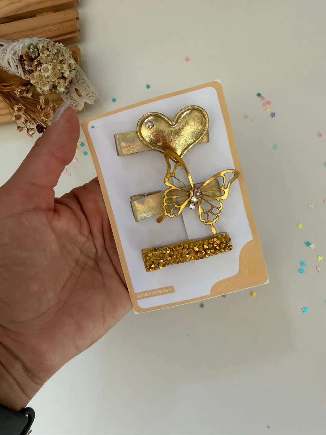 Kit Baby Clips Coração e Borboleta Dourado