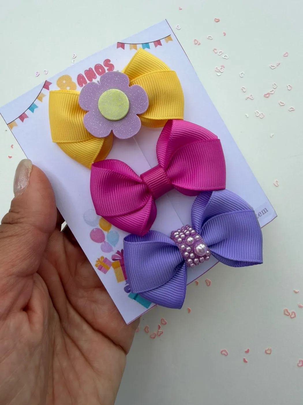Trio de Laços Amarelo Flor Pink e Lilás Pérola