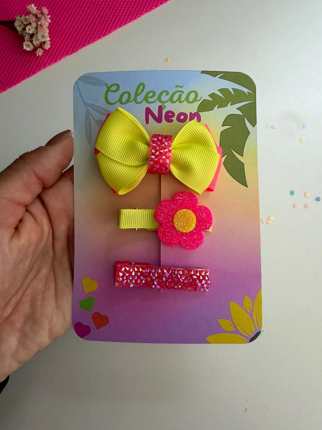 Kit Laço Amarelo e Hairclips Flor Pink