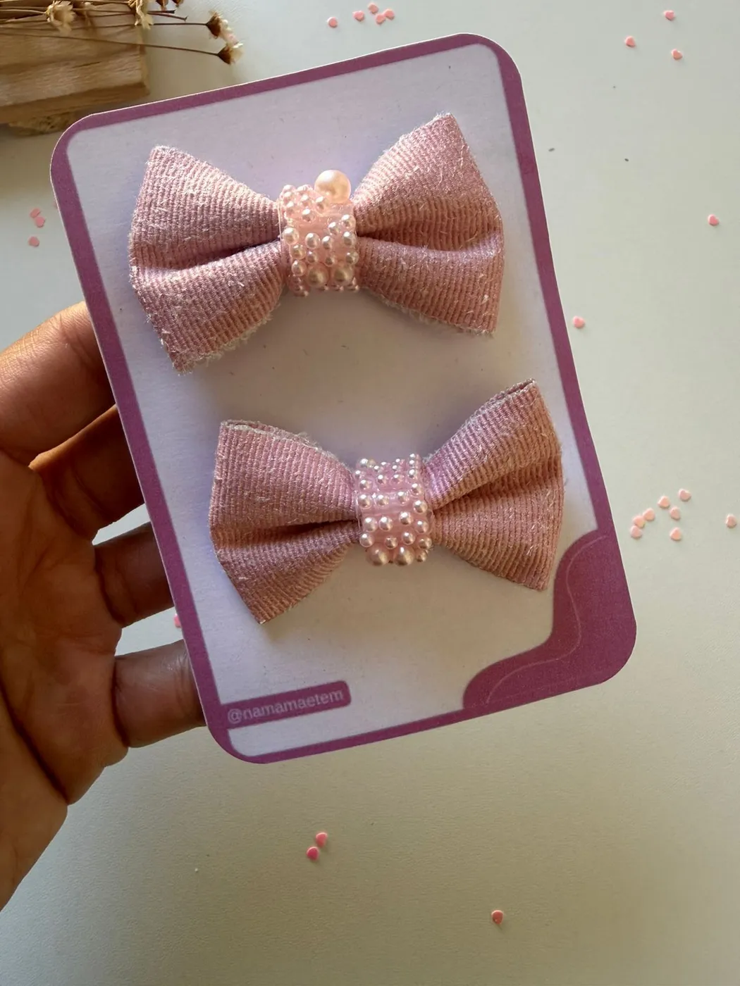 Parzinho Laço Glitter Rosa com Pérolas