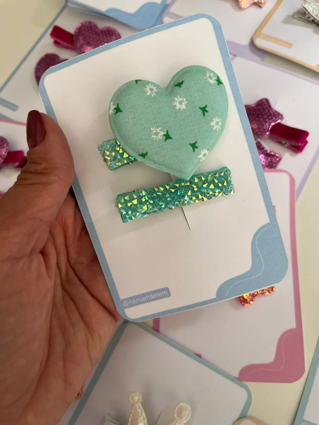 Kit Hairclip Coração Verde Floral e Glitter