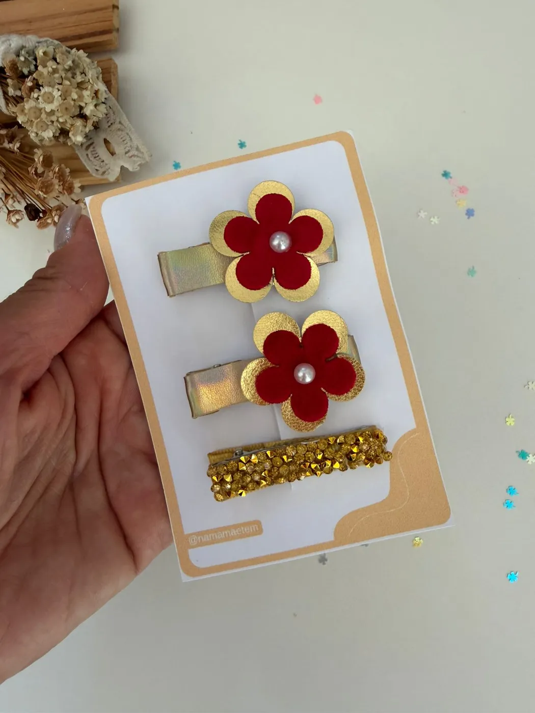 Kit Hairclips Flor Vermelho e Dourado