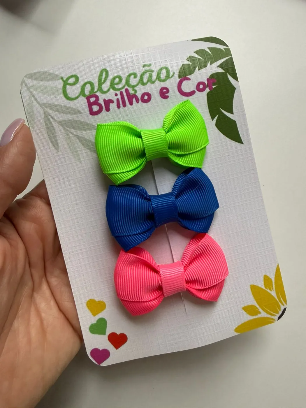 Trio Baby Clips Laço Verde, Azul e Pink