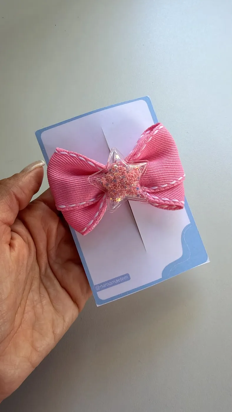 Laço Rosa com Estrela Glitter