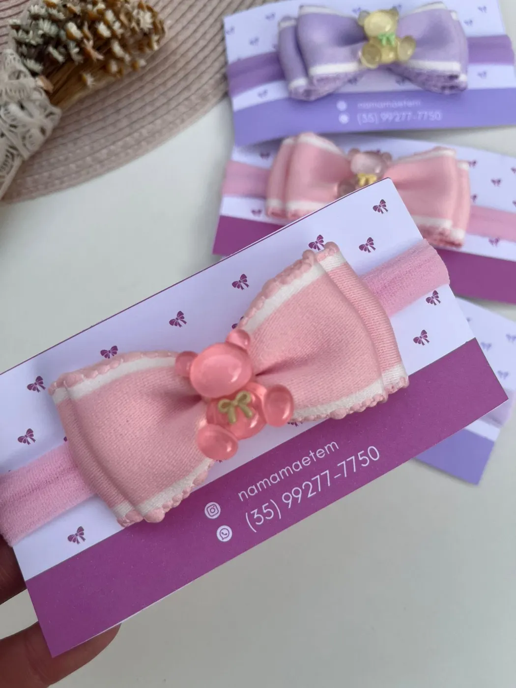 Faixinha de Bebê Laço Duplo Rosa com Ursinho