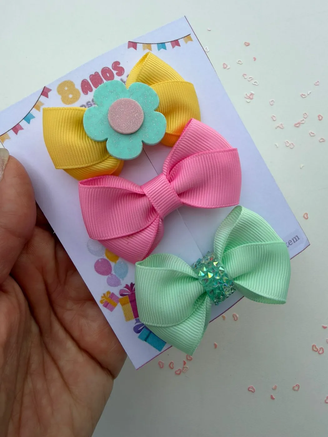 Trio de Laços Amarelo Flor Azul Rosa e Verde Glitter