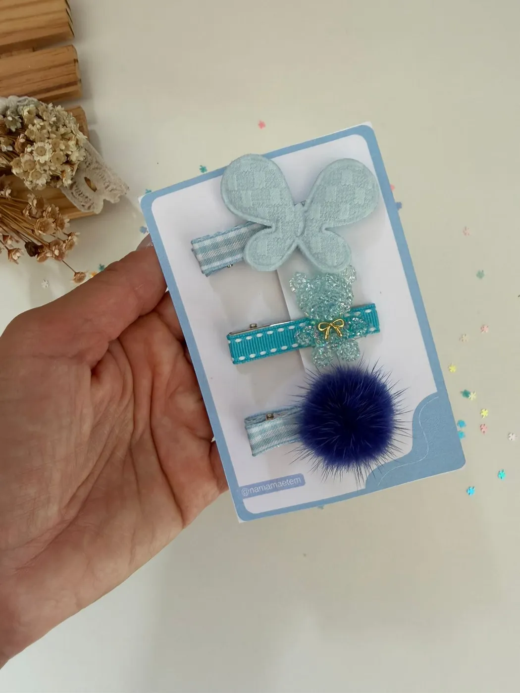 Kit Baby Clips Borboleta Azul Bebê com Pompom